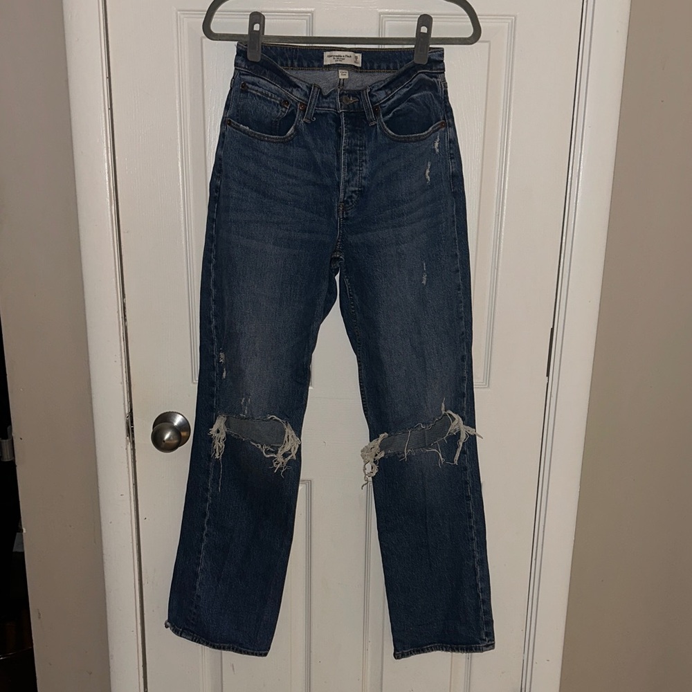 Abercrombie & Fitch Dark Blue Distressed Straight Leg Jeans